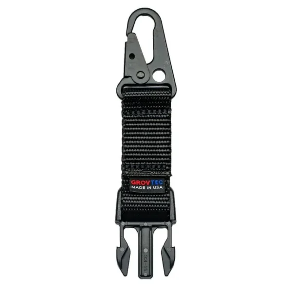 GrovTec Snap Hook Buckle Accessory, black, front view with hook, webbing and buckle
