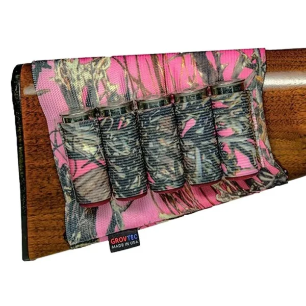 Grovtec Buttstock Cartridge Shell Holder, pink camouflage side view with five elastic shell loops