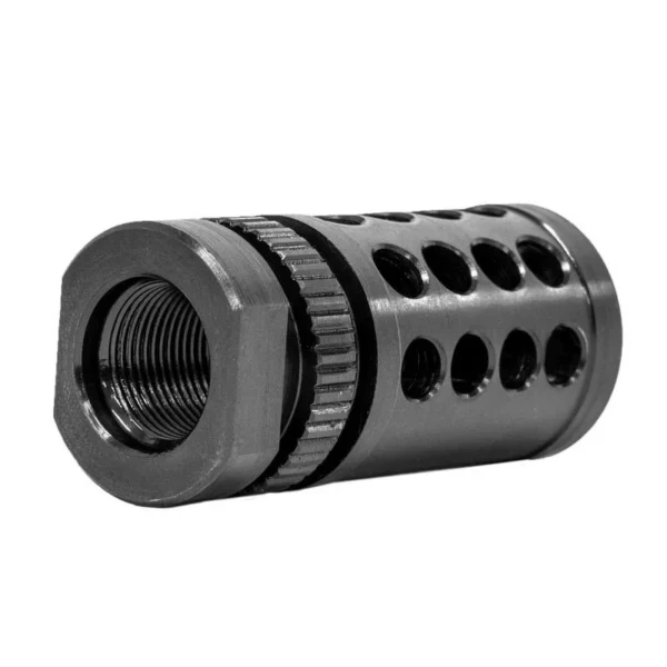 Grovtec G-Nite Flash Suppressor black cylindrical device with ports, angled front view