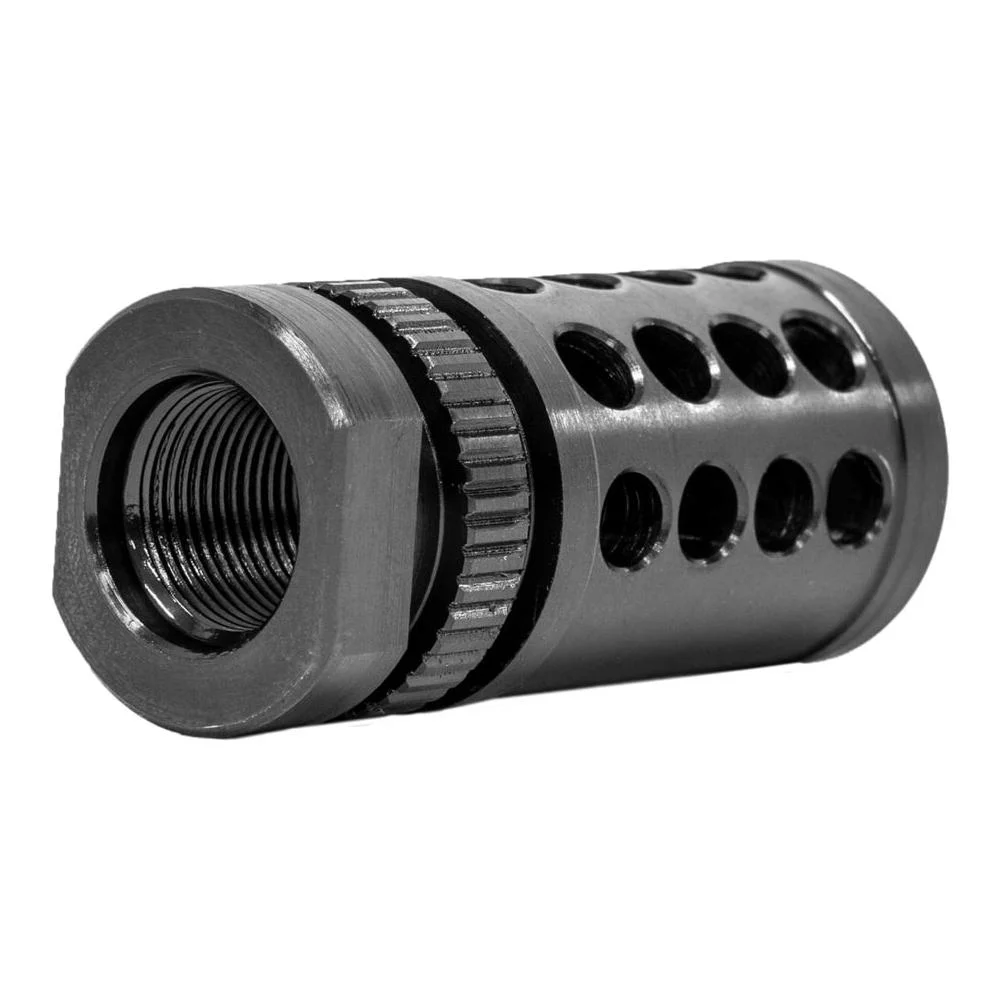primary-42915 Grovtec G-Nite Flash Hider .223, black angled view with threaded opening and rows of round ports