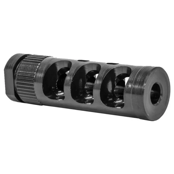 Grovtec G-Comp Muzzle Compensator, black angled front view with threaded end and side ports