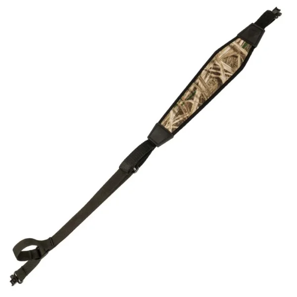 Grovtec QS Trek Sling with Swivels, angled view with camouflage padded section and black straps