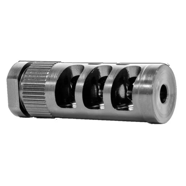Grovtec G-Comp Muzzle Compensator, angled view of silver and black ported metal body