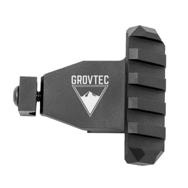 Grovtec PAR 45 Degree Picatinny Angled Rail Black, side view with ridged rail and logo