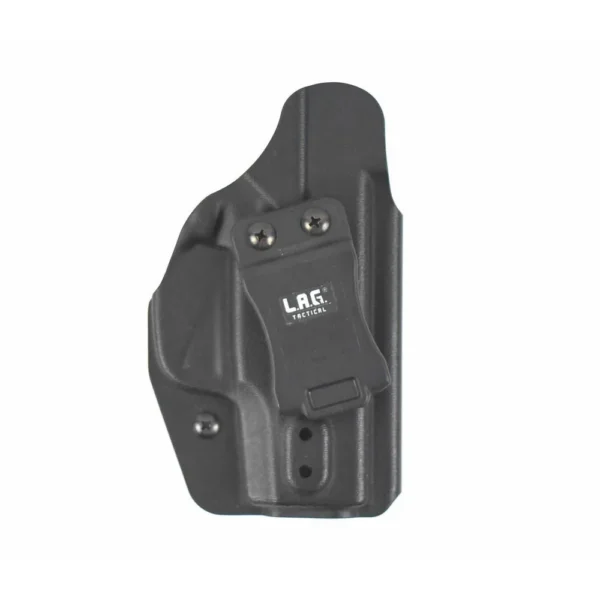 L.A.G. Tactical Liberator MK2 Holster, black front view with mounting screws and belt attachment