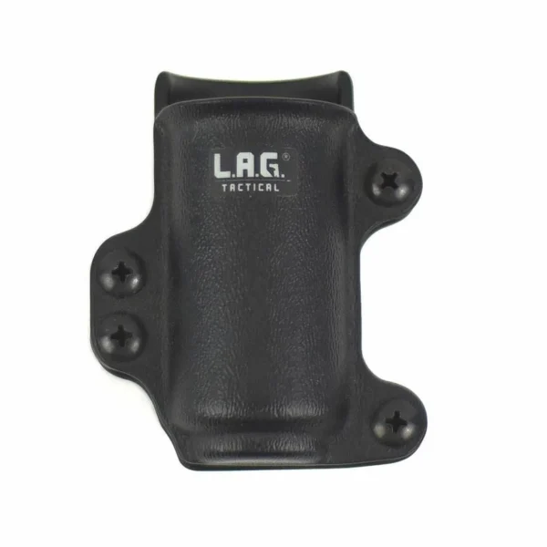 L.A.G. Tactical MCS Flashlight and Pepper Spray Holster, black front view with mounting screws