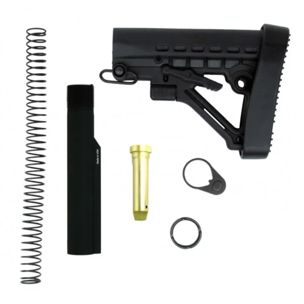 TacFire AR-15 Mil Spec Buffer Tube Kit, black stock, tube, spring and small parts laid out