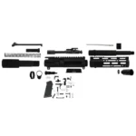 TacFire Unassembled AR Pistol Build Kit, top view of black components and small parts laid out