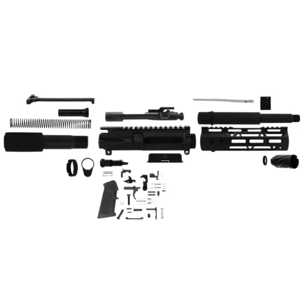 TacFire Unassembled AR Pistol Build Kit, top view of black components and small parts laid out