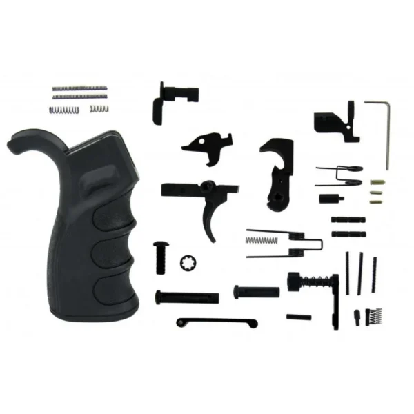 TacFire AR-10 Lower Parts Kit in black, with grip, trigger and small components arranged flat
