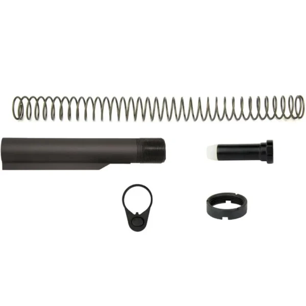 TacFire AR-10 Carbine Buffer Tube Kit, black tube, spring, buffer and end plate laid out