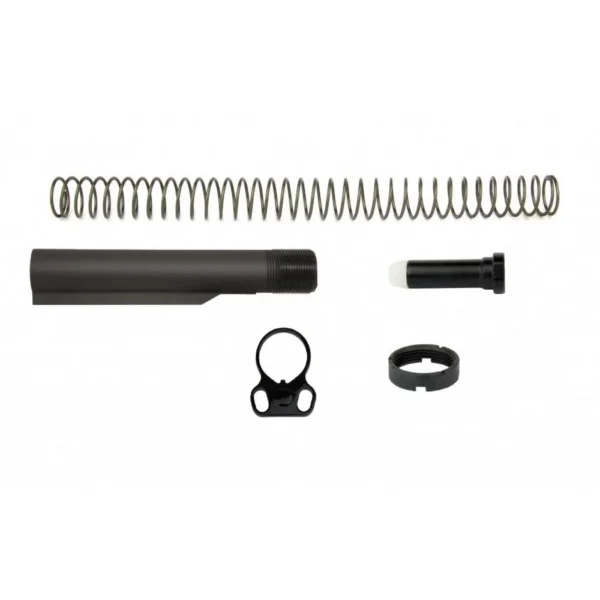 TacFire AR-10 Carbine Buffer Tube Kit, black tube, spring, adapter and small parts laid out