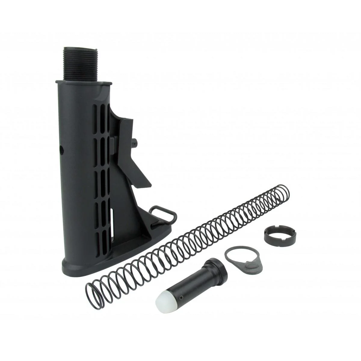 primary-42965 TacFire AR-10 6-Position Stock Kit, black stock, spring, buffer and small parts, angled view