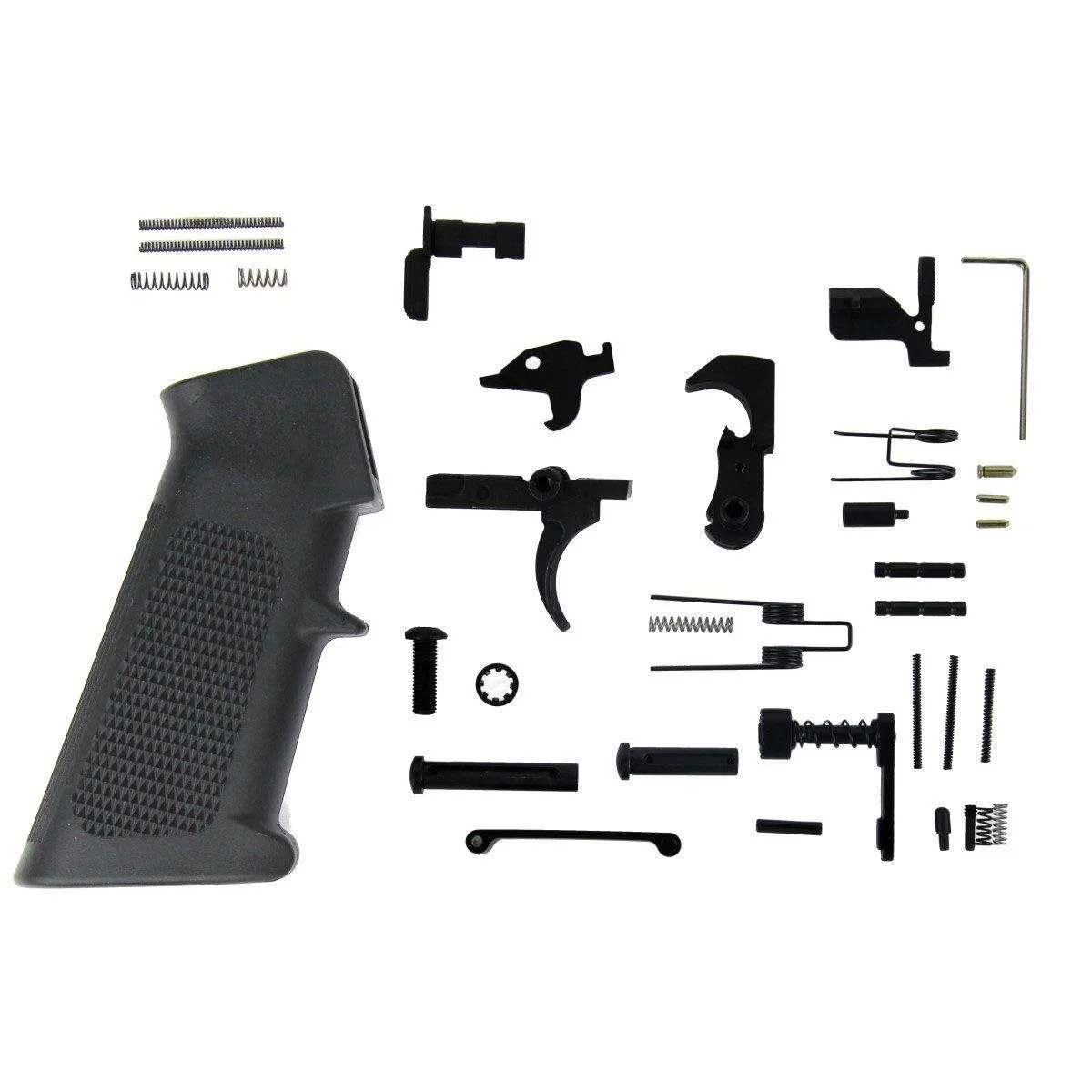 primary-42970 TacFire AR-15 Lower Parts Kit / A2 Grip, black grip and assorted small parts laid out