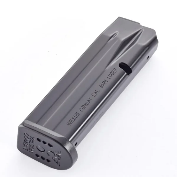 Wilson Combat EDC X9 magazine, angled view of black steel body and base plate