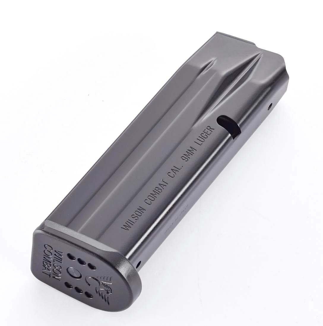 primary-42976 Wilson Combat EDC X9 magazine, angled view of black steel body and base plate