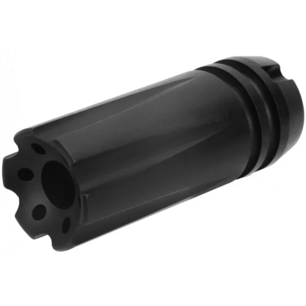TacFire Flash & Sound Forwarder, angled view of black cylindrical device with fluted front face