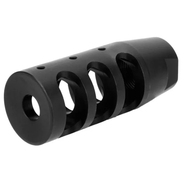 TacFire Nitrided Compact Compensator, black angled view with side ports and round muzzle opening