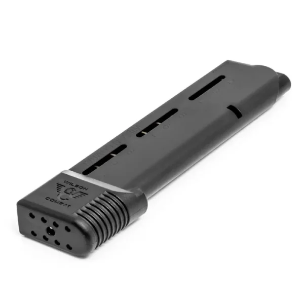 Wilson Combat Full Size 1911 Handgun Magazine Black, angled view with witness slots and base pad