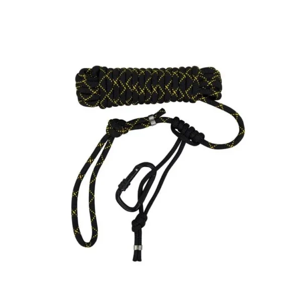 Ardisam River's Edge Safety Rope 30 ft black rope with yellow flecks, loops and metal hook