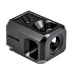 ZEV Technologies Pro Compensator V2 Glock 19, angled view of black block with ports and round bore