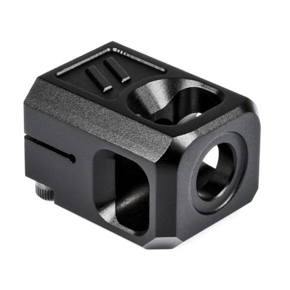 primary-42994 ZEV Technologies Pro Compensator V2 Glock 19, angled view of black block with ports and round bore