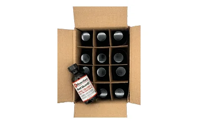 primary-4300 Kleen-Bore KLEEN BR Rust Guardit open cardboard case with 12 black bottles, top view