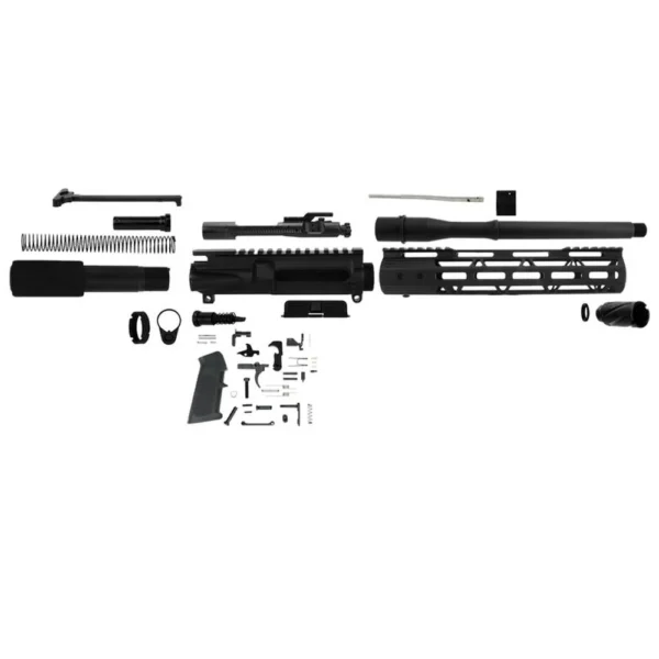TacFire AR 300 Blackout Pistol Build Kit, black unassembled components arranged in rows
