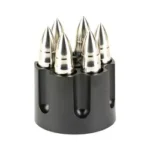 Caliber Gourmet CBG stainless steel bullet chillers upright in a black cylinder holder