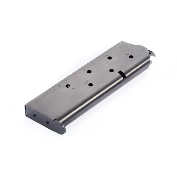Wilson Combat 920 Series magazine, silver metal body in angled side view