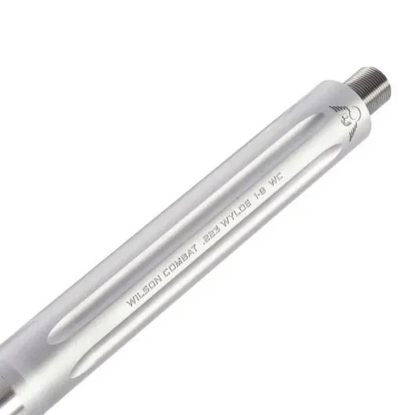 Wilson Combat Super Sniper barrel, stainless steel angled view with fluting and threaded muzzle