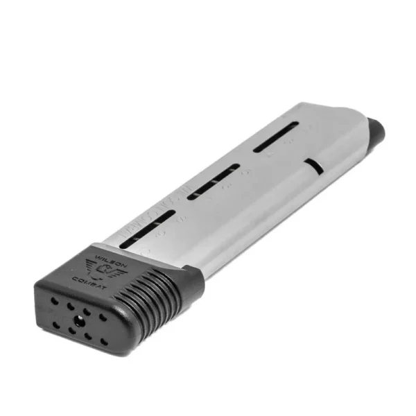 Wilson Combat 1911 Elite Tactical Full Size handgun magazine, angled view in silver with black base
