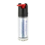 Caliber Gourmet CBG S&W pepper spray, black and silver canister with red nozzle, front view