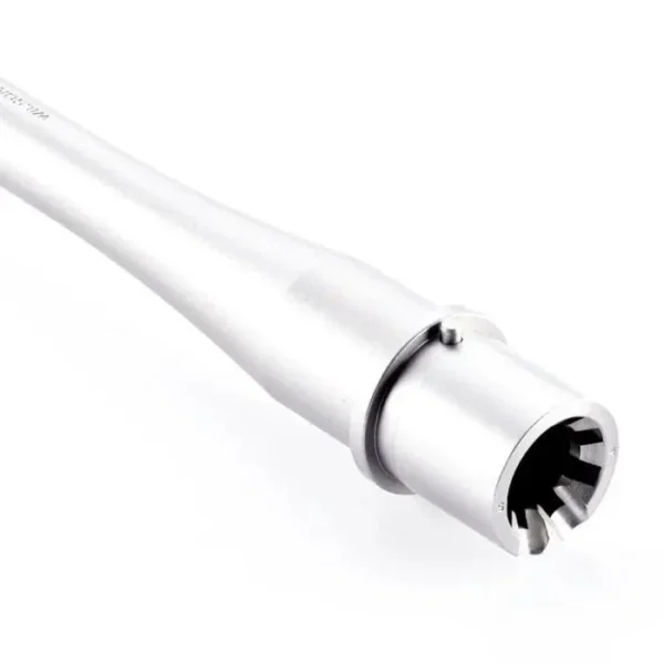 Wilson Combat SBR barrel in bead-blasted stainless steel, angled view of chamber end