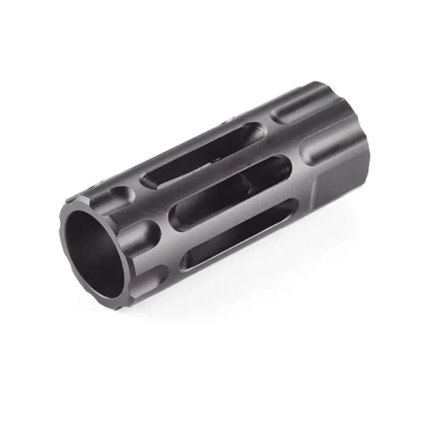 Wilson Combat Q-Comp black angled view with elongated side ports and threaded opening