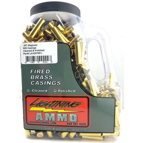 Lightning Ammo Reconditioned Cleaned and Polished Handgun Brass, clear handled jug of brass casings