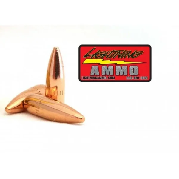 Lightning Ammo Rifle Bullets, three copper-colored bullets beside red and black logo