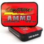 Lightning Ammo Rifle Bullets, open black and red tin marked 100 Bullets, angled front view