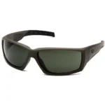 Pyramex Overwatch Shooting Glasses, front three-quarter view of black frames with grey lenses