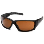 Pyramex Overwatch black shooting glasses, front angled view with bronze lenses and wraparound frame