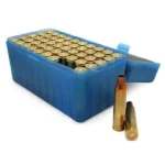 Lightning Ammo Primed Brass Rifle Cartridge Cases, brass cases in blue tray with three cases in front