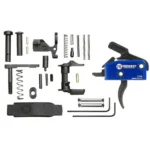 Midwest Industries Drop In Trigger Kit, black parts and blue trigger housing laid out