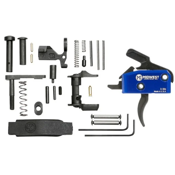 Midwest Industries Drop In Trigger Kit, black parts and blue trigger housing laid out