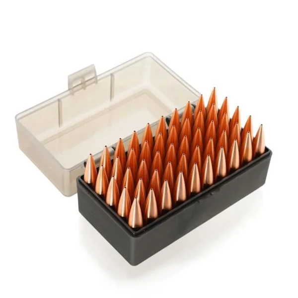 Cutting Edge MTH Bullets, copper-colored pointed bullets in an open clear and black box