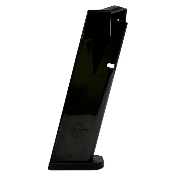 Rock Island Armory handgun magazine, black angled front view with extended base plate