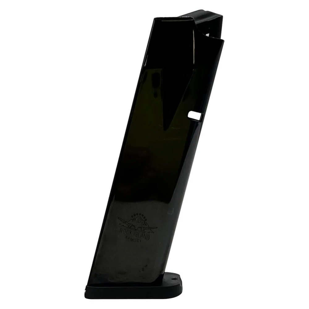 primary-43098 Rock Island Armory handgun magazine, black angled front view with extended base plate