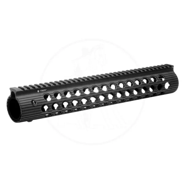 Troy Alpha Rail STRX-AL1-13BT-01, black angled view with top rail and circular vent holes