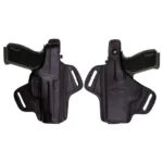 Tagua Gunleather Thumb Break Belt Holster, black front and rear views with belt slots