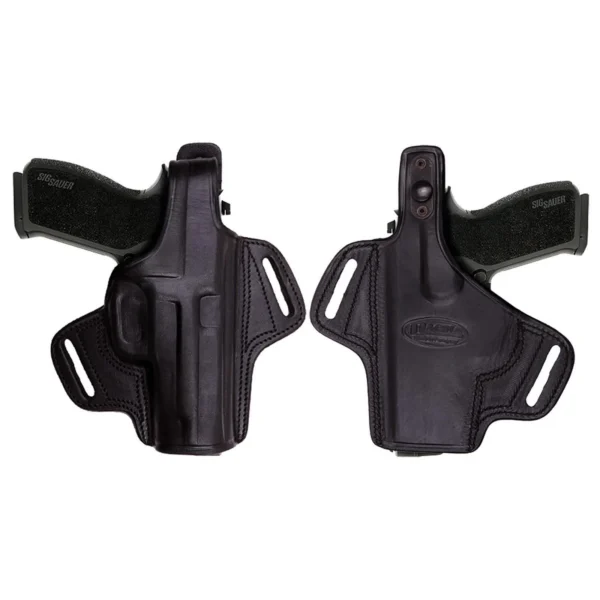 Tagua Gunleather Thumb Break Belt Holster, black front and rear views with belt slots