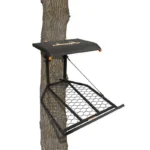 Gsm BOSS XL HANG ON, black tree stand with seat and mesh platform mounted to a trunk